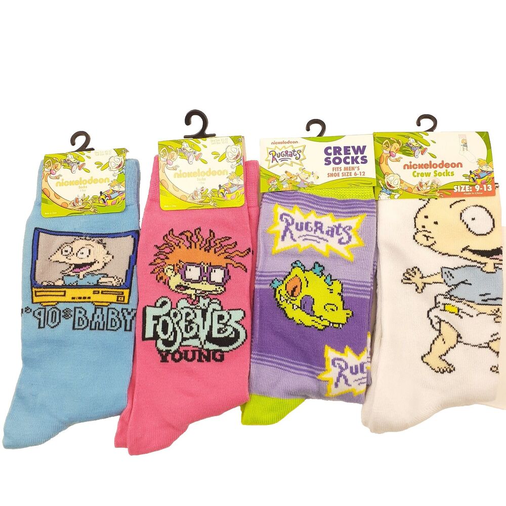 Nickelodeon Rugrats Chuckie Tommy 4 Pair Crew Socks Mens Sz 6-12 Multicolor 90s